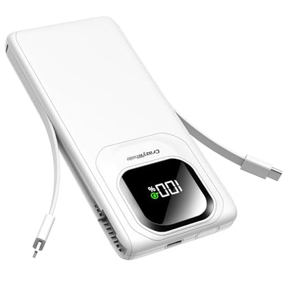 Portable Charger with Built-in Cables,22.5W Super Fast Charging Power Bank Slim Phone Charger,10000mAh Travel Battery Pack Battery Bank with Smart LED Display for iPhone, Android & USB-C - color: White