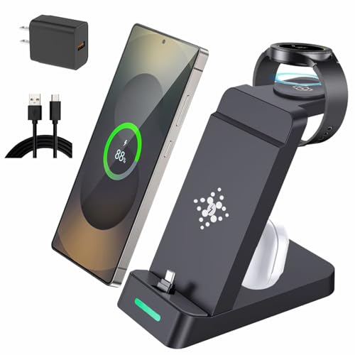 3 in 1 Fast Charging Station for Samsung Galaxy Phones Watch Earbuds Charger, Fast Android Charger Stand Dock for Samsung Galaxy S25/S24/S23/S22/21/20/Note20/10 Galaxy Watch Ultra 8/7/6/5/4 (Black) - color: Black