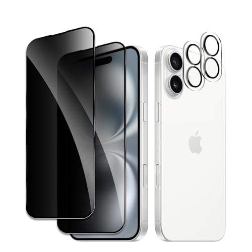 [2+2 Pack] Privacy Screen Protector for iPhone 16, Anti-Spy Shatterproof Tempered Glass with Camera Lens Tempered Glass 9H Hardness Bubble Free Anti-Glare Case Friendly