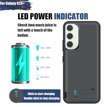 Battery Case for Samsung Galaxy S24+ / S24 Plus, 5000mAh Rechargeable Extended Battery Charging Charger Case, Add 100% Extra Juice, Not Compatible with S24 or S24 Ultra (6.7 inch) Black