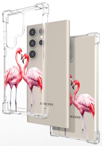 Hungo Galaxy S24 Ultra Case for Women Clear Design Cute,Girly Girls Case Compatible with Samsung Galaxy S24 Ultra Pink Couple Flamingos in Love Heart Animal - color: Flamingos in Love