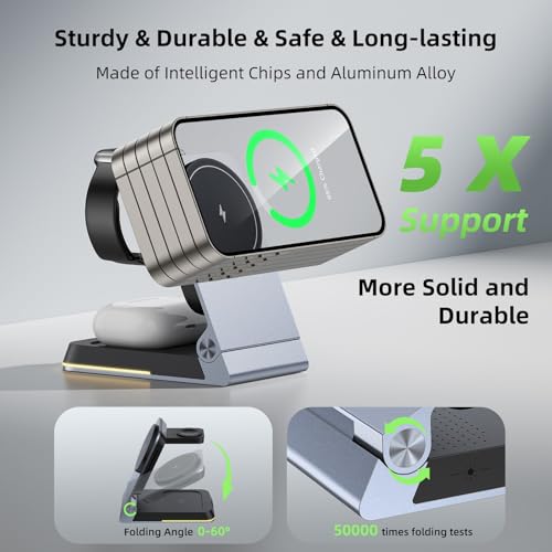 Aluminum 3 in 1 Wireless Charging Station,Foldable Wireless Charger for Apple Magsafe with Light,Portable Travel Magnetic Charger Stand for iPhone 17/16/15/14,Watch,Airpod,with PD 20W Adapter & Case - color: Black