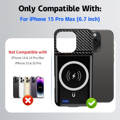 New 10000mAh Rechargeable Portable Battery Case with Wireless Charging Case Extend Battery Pack Charger Cover Compatible for iPhone 15 Pro Max (6.7 inch) Black - size: iPhone 15 Pro Max