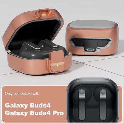 for Samsung Galaxy Buds 4 Pro/Buds 4 Case (2026) with Secure Safety Lock Clip,Shockproof Scratch-Resistant Hybrid PC+TPU Soft Shell Protective Cover Accessories with Carabiner&Cleaning Pen(Gold) - color: Gold Edge-Grey
