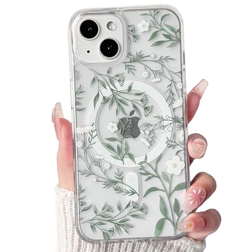 Lovmooful Magnetic for iPhone 13/14 Case Cute Flower-Green Leaves | Compatible for MagSafe,Clear Floral,with Aesthetic Design,for Girls Women,Soft TPU+PC,Shockproof,Protective,Girly - color: Green Leaves, size: iPhone 13/14