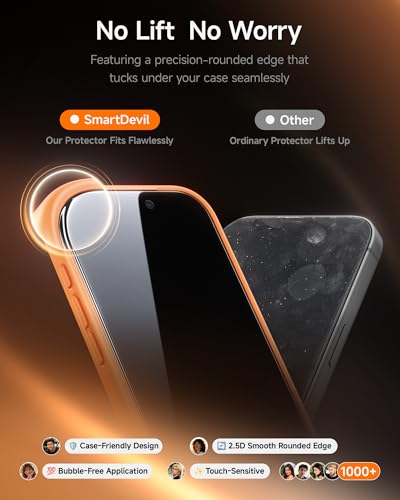 SMARTDEVIL 2 Pack for iPhone 16/ iPhone 15 Screen Protector, 9H Hardness Military Grade Shatterproof, HD Clear Tempered Glass with Auto Dust-Elimination, Bubble Free, Easy Installation, Case Friendly | 9H Hardness Military Grade Shatterproof, HD Clear Tem
