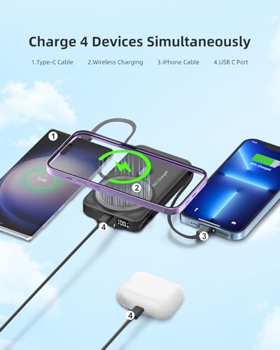 for Magsafe Portable Charger for iPhone 10000mAh Wireless Magnetic Power Bank, 22.5W Fast Charging Battery Pack, Built-in Cables and Wall Plug & Foldable Stand for iPhone 18/17/16/15/14/13 Series