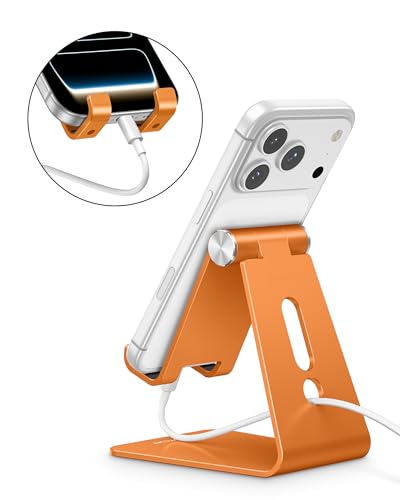 OMOTON Adjustable Cell Phone Stand, Aluminum Desktop Cellphone Stand with Anti-Slip Base and Convenient Charging Port, Fits All Smart Phones, Orange - color: Orange
