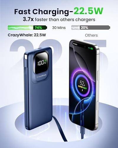 Portable Charger with Built-in Cables,22.5W Super Fast Charging Power Bank Slim Phone Charger,10000mAh Travel Battery Pack Battery Bank with Smart LED Display for iPhone, Android & USB-C - color: Blue