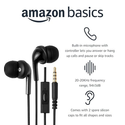 Amazon Basics Wired Earbuds with Microphone, In-Ear Headphones, 3.5mm Jack, High Definition Sound, Secure Fit, 4.2 ft Cable, S/M/L Ear Tips, Black - size: 1 Pack, style: 3.5mm Aux