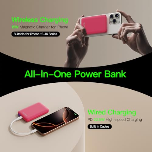 for Magsafe Portable Charger, 5000mAh Slim Wireless Magnetic Power Bank | 20W USB-C Power Delivery,LED Display,Travel Essential for Magsafe Battery Pack Compatible with iPhone 17-12 Series - color: red