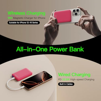 for Magsafe Portable Charger, 5000mAh Slim Wireless Magnetic Power Bank | 20W USB-C Power Delivery,LED Display,Travel Essential for Magsafe Battery Pack Compatible with iPhone 17-12 Series - color: red