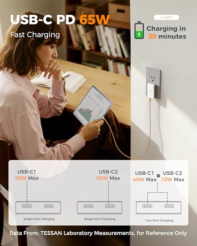 USB C Wall Charger Block PD 65W, TESSAN Flat Fast Phone Charger Foldable - size: 2 USB-C, PD 65 W
