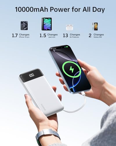 Portable Charger Power Bank w/Built-in Cables 10000mAh LED Display, White - color: White