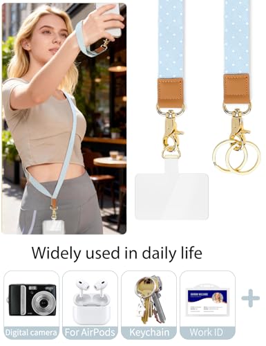 Phone Lanyard Crossbody Strap, Adjustable Neck Strap and Wristlet Strap for Phone Wallet ID Badge with 2 Phone Tabs - color: Blue Dots