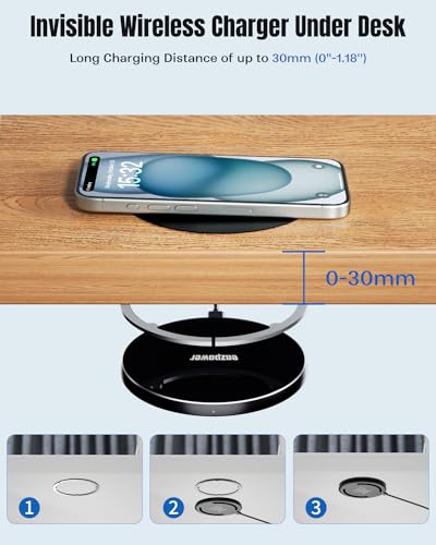 Eazpower Invisible Wireless Charger, 0-30mm Under Desk Wireless Charger, Dual Uses On or Hidden Under Table Charging Pad for Nightstand for iPhone 17/17 Pro/17 Pro Max/17 Air/16/15/14/Samsung Phone