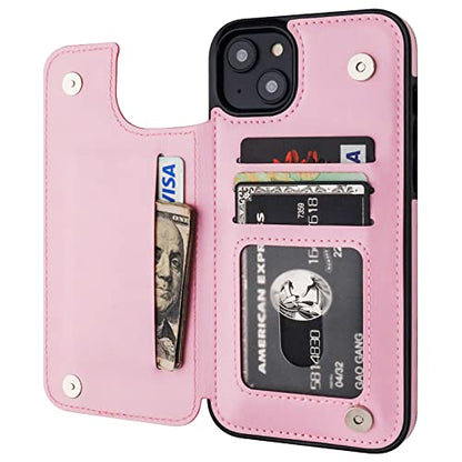ONETOP for iPhone 14 Plus Wallet Case with Credit Card Holder,Pink | Kickstand,ID/Cash Holder,Case Wallet with Card Slots,Double Magnetic Clasp,Durable PU Leather Shockproof Cover for Women Men - color: Pink