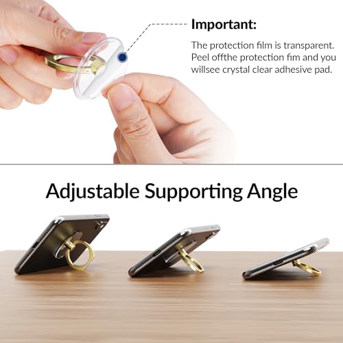 3PCS Clear Base Phone Holders with 360° Rotation & 180° Adjustable Angle, No-Trace Adhesive for Easy Removal, Strong Grip and Smooth Rotation, Includes 2 Hooks & Remover (Gold Ring) - color: Gold