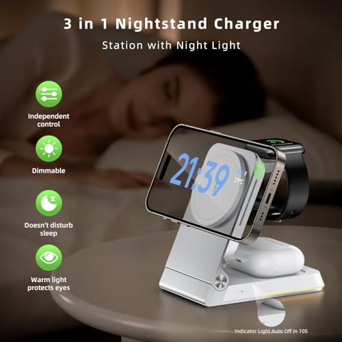 Foldable Wireless Charger 3 in 1 - Magnetic Wireless Charging Station for Apple Magsafe Charger Stand with Light,Aluminum Portable Travel Charger Dock for iPhone 17/16/15/14/13/12,Apple Watch,AirPods - color: Silver