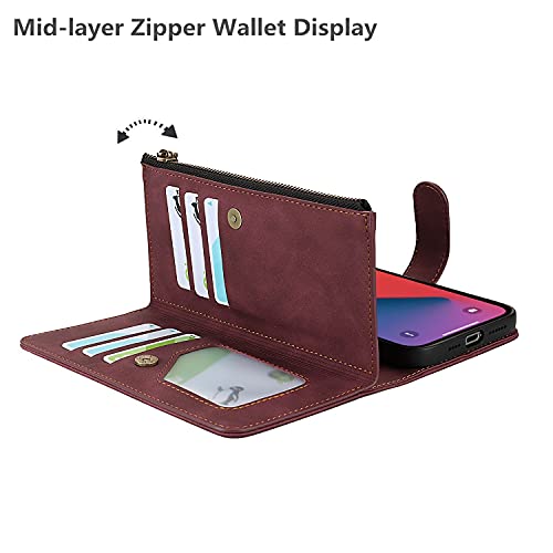 iCoverCase Compatible with iPhone 13 Wallet Phone Case with Card Holder, PU Leather Zipper Pocket Magnetic Detachable Flip Case with Wrist Strap (Claret) - color: Detachable--Claret