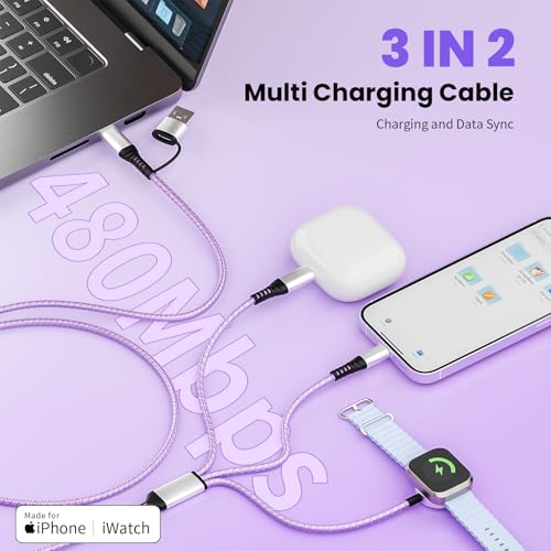 Travel Essentials 3 in 2 Multi Charging Cable for Apple Watch Charger, 5FT - color: Purple, size: 1Pack5FT