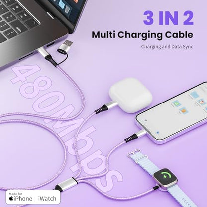 Travel Essentials 3 in 2 Multi Charging Cable for Apple Watch Charger, 5FT - color: Purple, size: 1Pack5FT