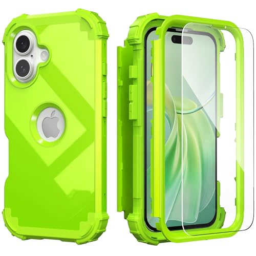 IDweel for iPhone 16 Case with Screen Protector,Luxury 3 in 1 Shockproof Slim Fit Hybrid Heavy Duty Hard PC Cover Soft Silicone Bumper Full Body Anti-Fingerprint Case,Glitter Grass Green - color: Glitter Grass Green