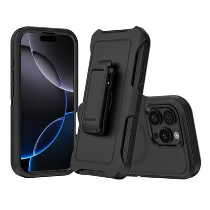 Compatible with iPhone 16 Pro Max Case, with Belt Clip Holster Heavy Duty Magnetic Wireless Charging Full Body Protection Kickstand Cover for iPhone 16 Pro Max 6.9 inch Phone（Black - color: Black