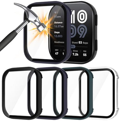 Case Compatible with Amazfit Bip 6 Smart Watch 46mm, 4-Pack Hard PC Cover with HD Tempered Glass Screen Protector Anti-scratch Ultra-thin Shell for Amazfit Bip 6 (Clear+Black+Ink Blue+Green) - color: Clear+Black+Ink Blue+Green