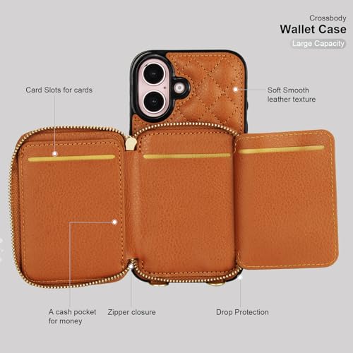 Bocasal Crossbody Wallet Case Card Holder for iPhone 16, Brown | RFID Blocking PU Leather Zipper Handbag Purse, Kickstand Flip Folio Case with Card Slots Holder Wrist Strap Lanyard 6.1 Inch - color: Brown