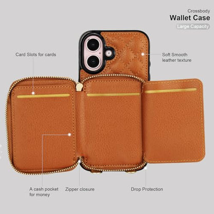 Bocasal Crossbody Wallet Case Card Holder for iPhone 16, Brown | RFID Blocking PU Leather Zipper Handbag Purse, Kickstand Flip Folio Case with Card Slots Holder Wrist Strap Lanyard 6.1 Inch - color: Brown