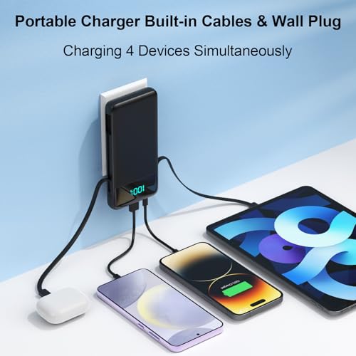 Portable Charger for iPhone,13800mAh Slim Power Bank with Built-in Cables & AC Wall Plug,All in One 4 Outputs USB C Fast Charging Battery Pack Powerbank for iPhone 18/17/16/15,Android,Travel Essential - color: Black