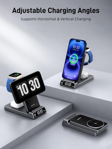 3 in 1 Charging Station for Apple, Travel Wireless Charger with Clock - color: Grey