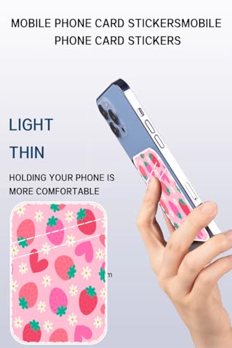 Dual Pocket Leather Phone Wallet Adhesive Stick On, Cute Strawberry Card Holder - color: Cute Strawberry