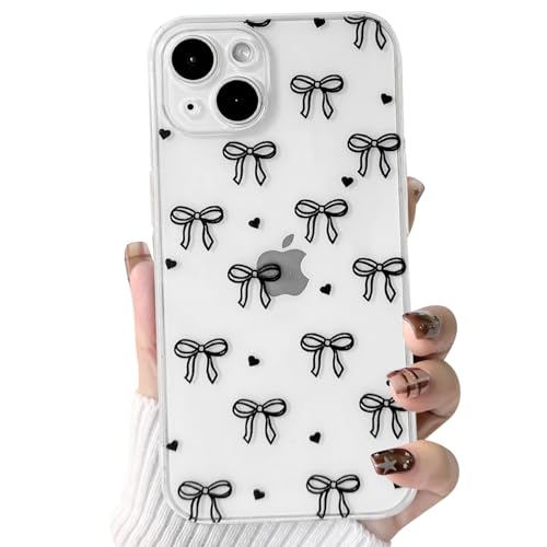 NITITOP Compatible with iPhone 13 Case Clear Cute Bow Ribbon Love Heart Pattern for Women Girls Bowknot Full Camera Lens Soft TPU Slim Shockproof Protective Cover - Black - color: Black, size: iPhone 13