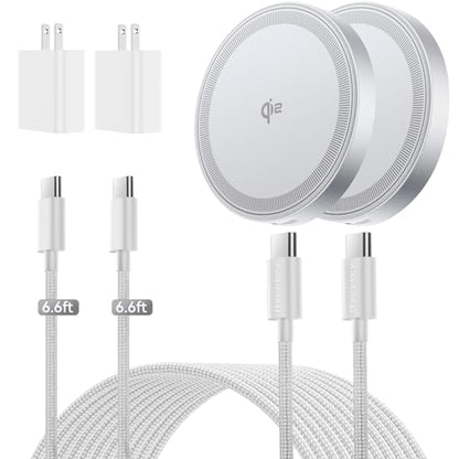 THREEKEY 15W Magnetic Wireless Charger, Qi2 Wireless Phone Charger with 6.6ft Cable Fast Charging Pad for iPhone 17 Air 16 15 14 13 12 Pro Max Airpods(20W Adapter Included), 2 Pack - color: White