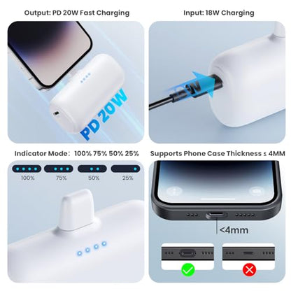 [2-Pack] Mini Portable Charger for iPhone,5200mAh Ultra Compact PD Fast Charging Power Bank,Plug-in Battery Pack Travel Cordless Phone Charger,Compatible with iPhone 14/14Pro/13/12/11/X/8/7/6plus etc