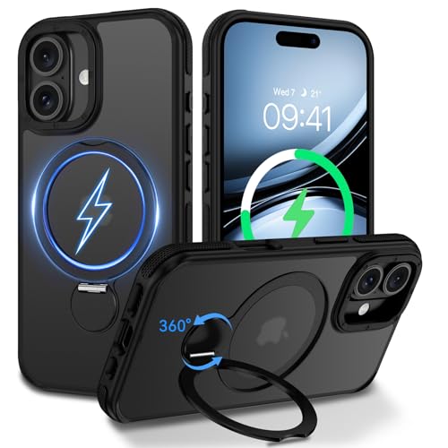 DUEDUE for iPhone 17 Case with 360°Spin Magnetic Stand[Compatible with MagSafe][Rotatable Ring Holder], Translucent Cover Slim Protection Cases for iPhone 17 6.3", Black - color: Black, size: for iPhone 17 6.3"