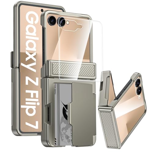 GooseBox for Samsung Galaxy Z Flip 7 Case Wallet RFID Card Holder&Hinge Protection&HD Screen Protector, Full Body Shockproof Cover for Galaxy Z Flip 7(Natural Titanium) - color: Flip7-Titanium