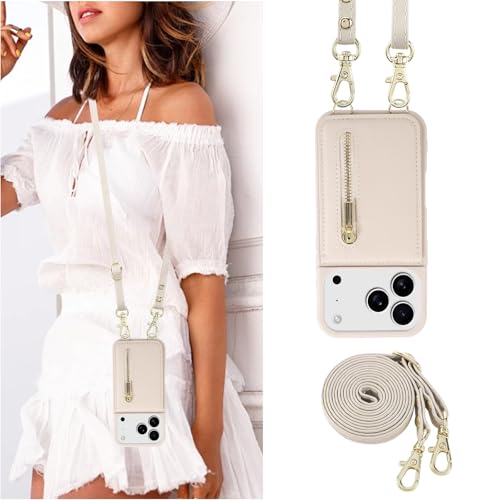 Crossbody Wallet Case for iPhone 17 Pro with Lanyard Strap Card Slot Holder RFID Blocking Kickstand,Magnetic Flip Folio Zipper Purse Case, PU Leather Cover Handbag,Beige - color: Beige, size: iPhone 17 Pro(6.3")