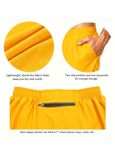 EZRUN Men's 5" Athletic Running Shorts Quick Dry with Liner Zip Pocket - color: Neon Yellow, size: Small