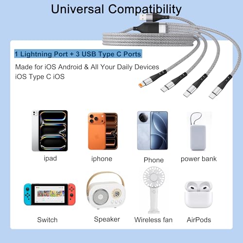 SIQIWO 4 in 1 Multi Charger Cable, 2 Pack/ 4FT/ 3A Fast Charging Cord