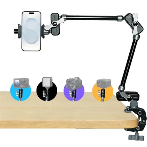 GEEKOTO 22" Magic Arm, Overhead Phone Mount with 360Dual Ball Head, CNC Aluminum Desk Camera Mount for Photography & Content Creation, Camera, Phone Holder,Filming, Action Camera, LED Light, Webcam - style: Desk Clip&Phone Clip