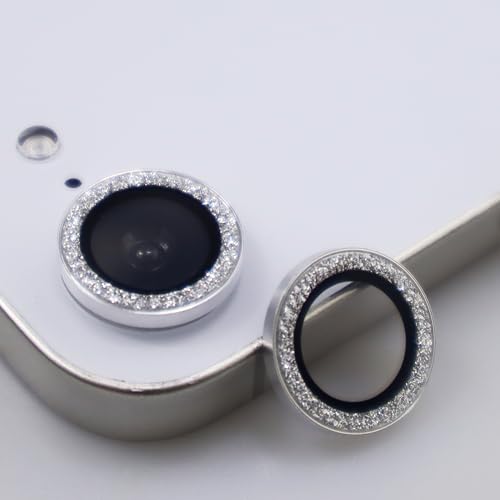 BONVAN for iPhone 15/15 Plus Camera Lens Protector Bling Glitter Metal Crystal Tempered Glass Screen Accessories Sparkly Lens Cover, also Compatible with iPhone 16e (2PCS) (Silver) - color: Silver