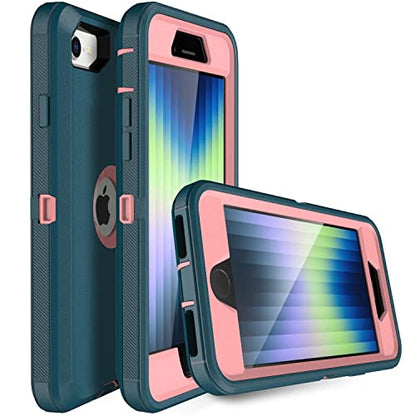 MXX Case for iPhone SE 2020 / SE 2022 Heavy Duty Protective Case with Screen Protector, Rugged Rubber Shockproof Protection Cover & Rotating 360 Degree Belt Clip SE 3rd/2nd Gen(Tuscan Teal/Light Pink) - color: Tuscan Teal/ Light Pink