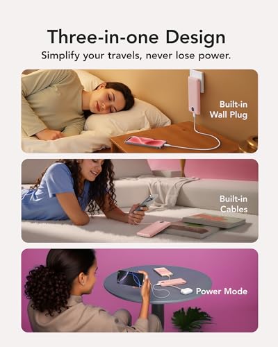 VRURC 22.5W Portable Charger 10000mAh Fast Charging with Built-in AC Plug - color: Pink