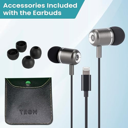 TRON Wired L conection Headphones Earbuds with Mic – in-Ear Headphones with Volume Control, Hi-Fi Sound, Noise-Isolating Design, Chip Connection, Leather Case Included for iPhone, TR54 - style: TRON Wired Earbuds with AUX Connector, In-Ear Headphones with