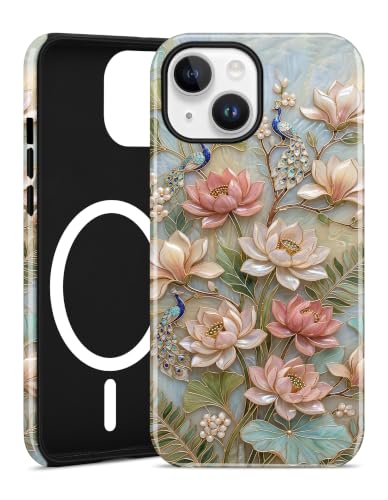 Magnetic Flower Phone Case for iPhone 15 Pro, Pink Lotus | Compatible with MagSafe, Cute Stained Glass Floral Aesthetic Design, TPU and PC Protective Shockproof Cover - color: Pink Lotus