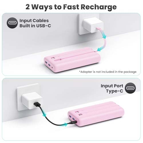 Portable Charger 40,800mAh Power Bank 25W Portable Battery Pack with 2 Built in Cables [2026 Upgraded], PD QC4.0 Fast Charging Portable Phone Charger Compatible with iPhone 17/16,Android Samsung-Pink - color: Pink