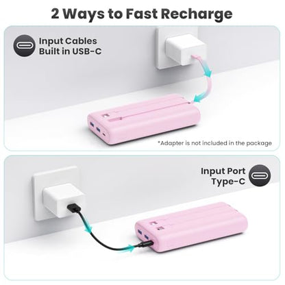 Portable Charger 40,800mAh Power Bank 25W Portable Battery Pack with 2 Built in Cables [2026 Upgraded], PD QC4.0 Fast Charging Portable Phone Charger Compatible with iPhone 17/16,Android Samsung-Pink - color: Pink